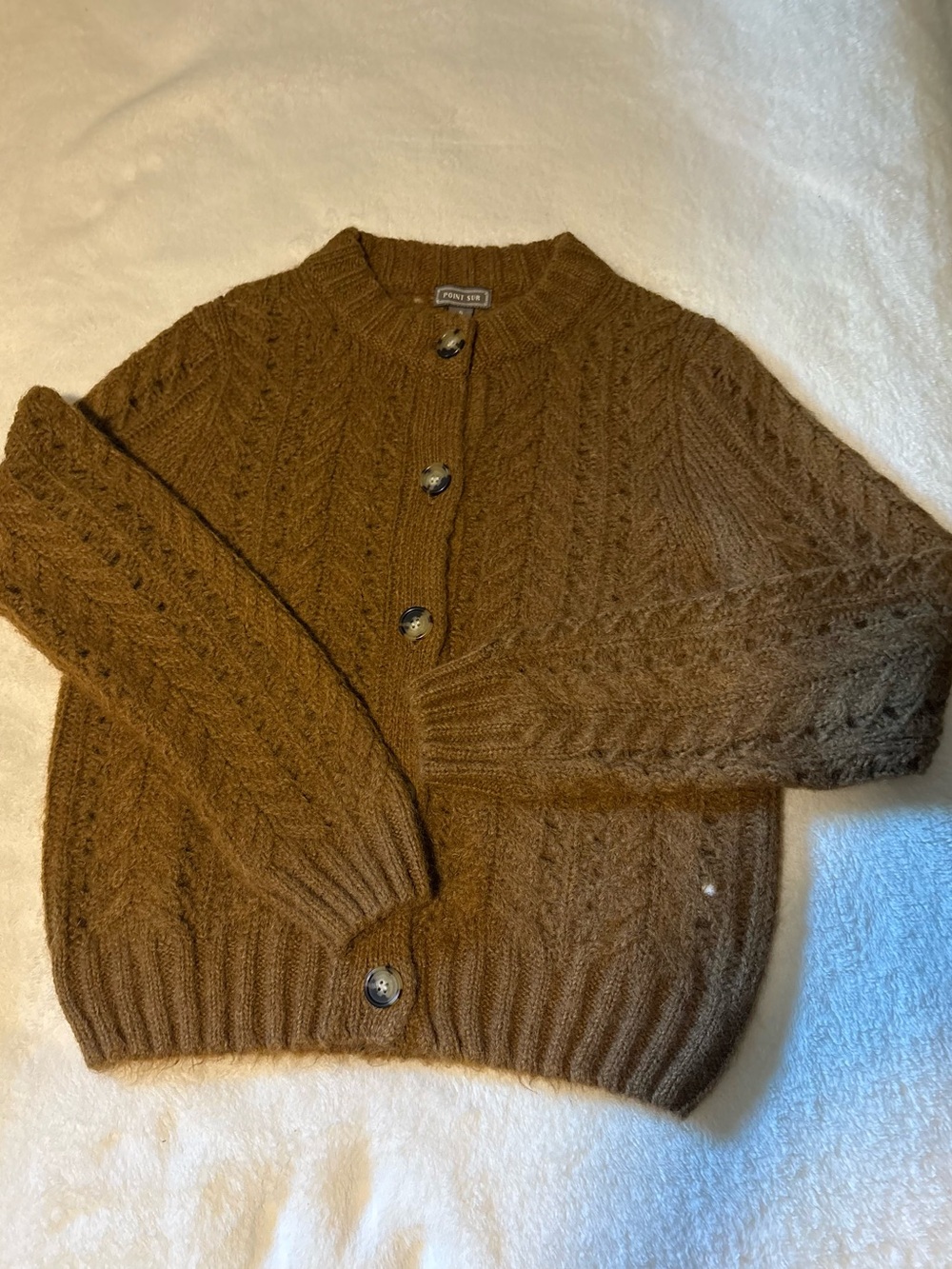 Textured Brown Cable Knit Button-Front Cardigan Sweater